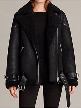 AllSaints Black Shearling Aviator Jacket